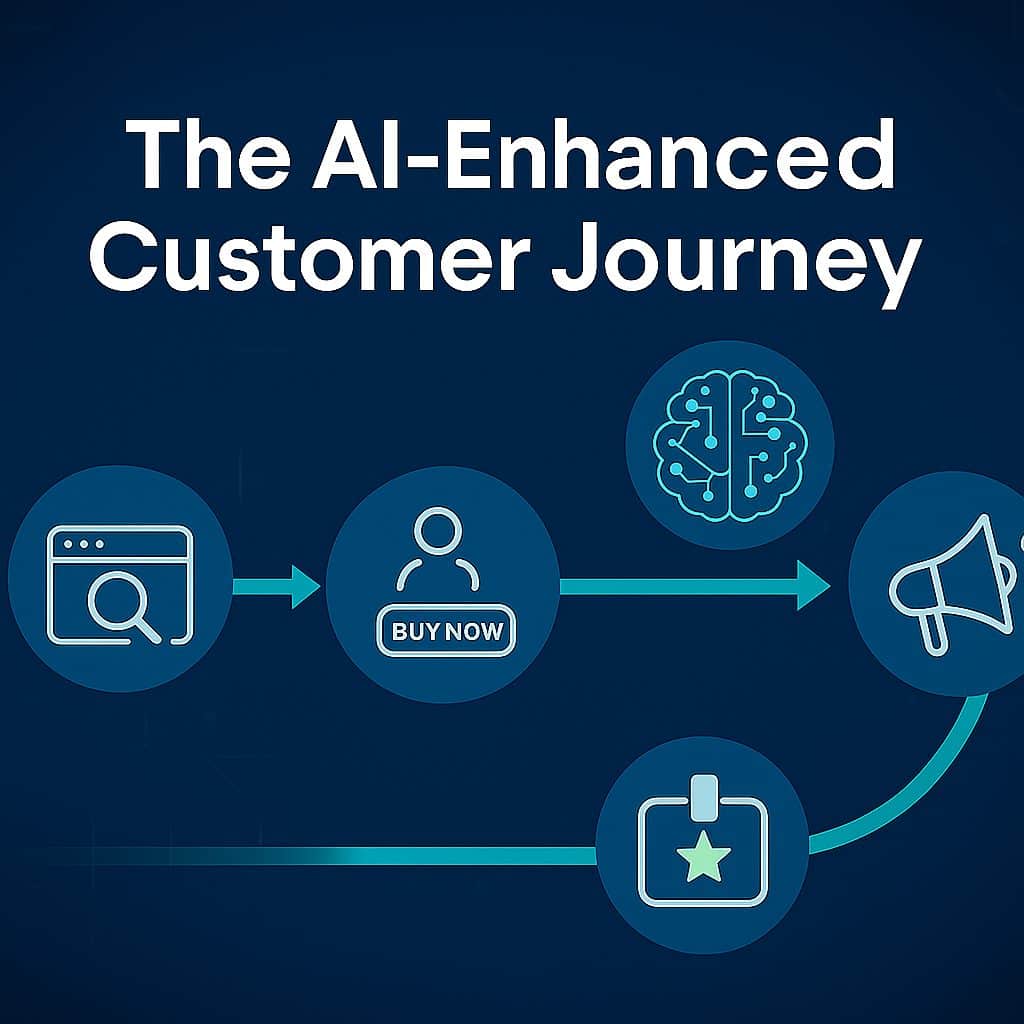 A visual representation of the AI-Enhanced Customer Journey with icons illustrating awareness, conversion, retention, and advocacy along a connected path.