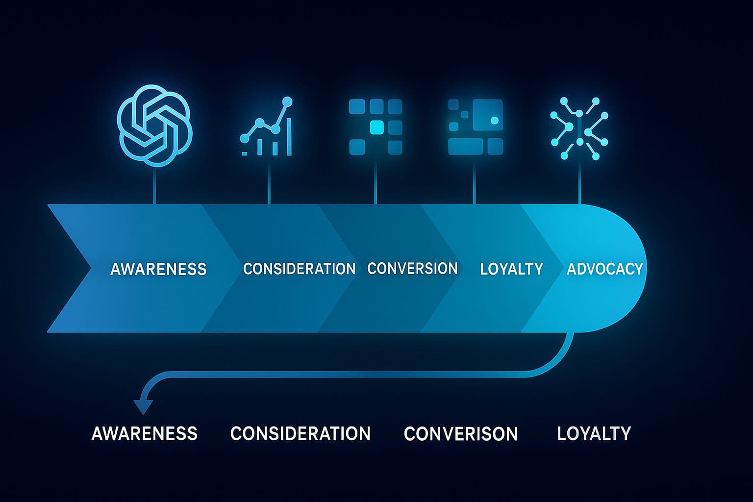 A digital infographic showing AI tools integrated across the customer funnel stages of awareness, consideration, conversion, loyalty, and advocacy.