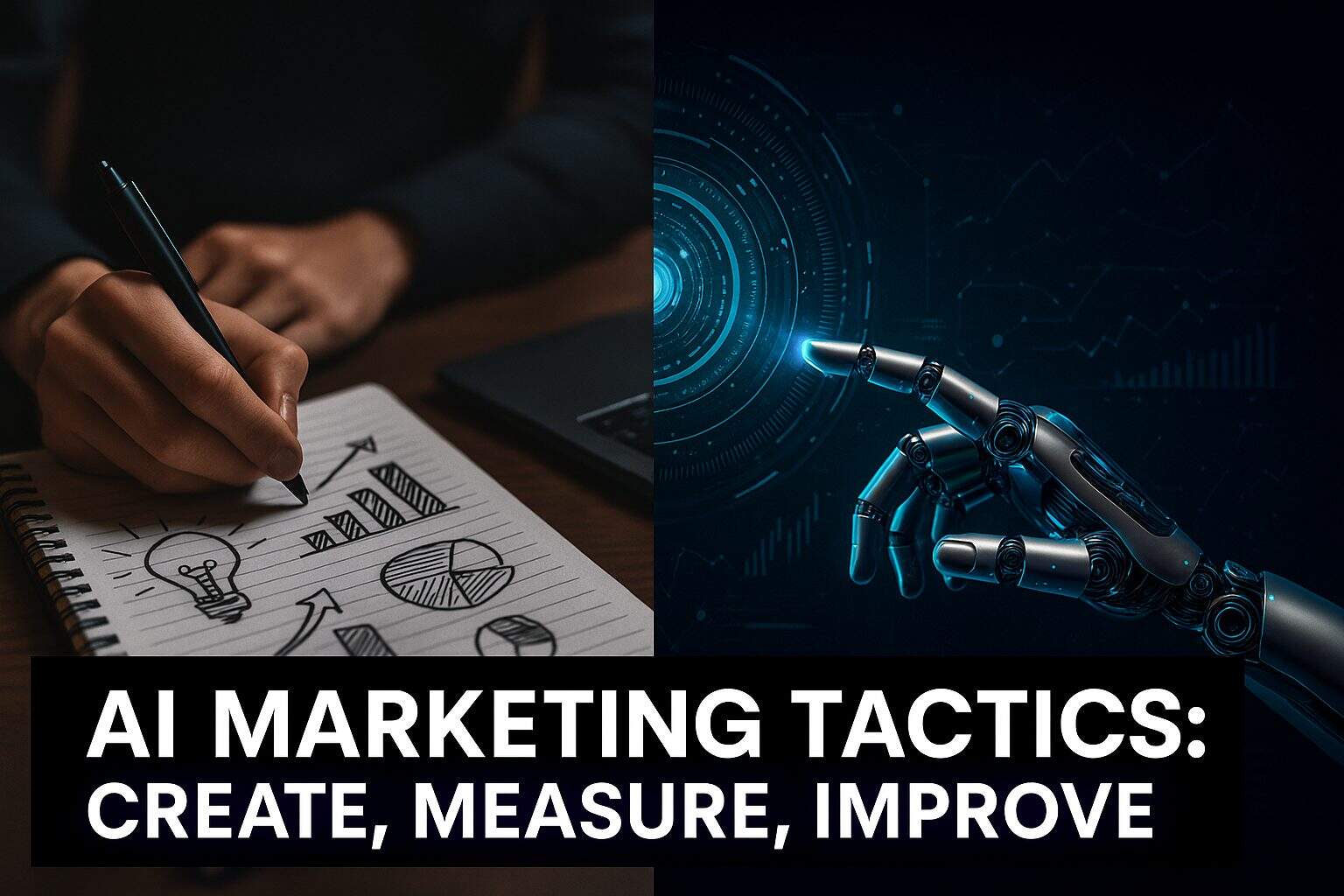 Futuristic digital image of a human hand sketching ideas alongside a robotic hand interacting with digital interfaces, symbolizing collaboration between creativity and AI tools in marketing.