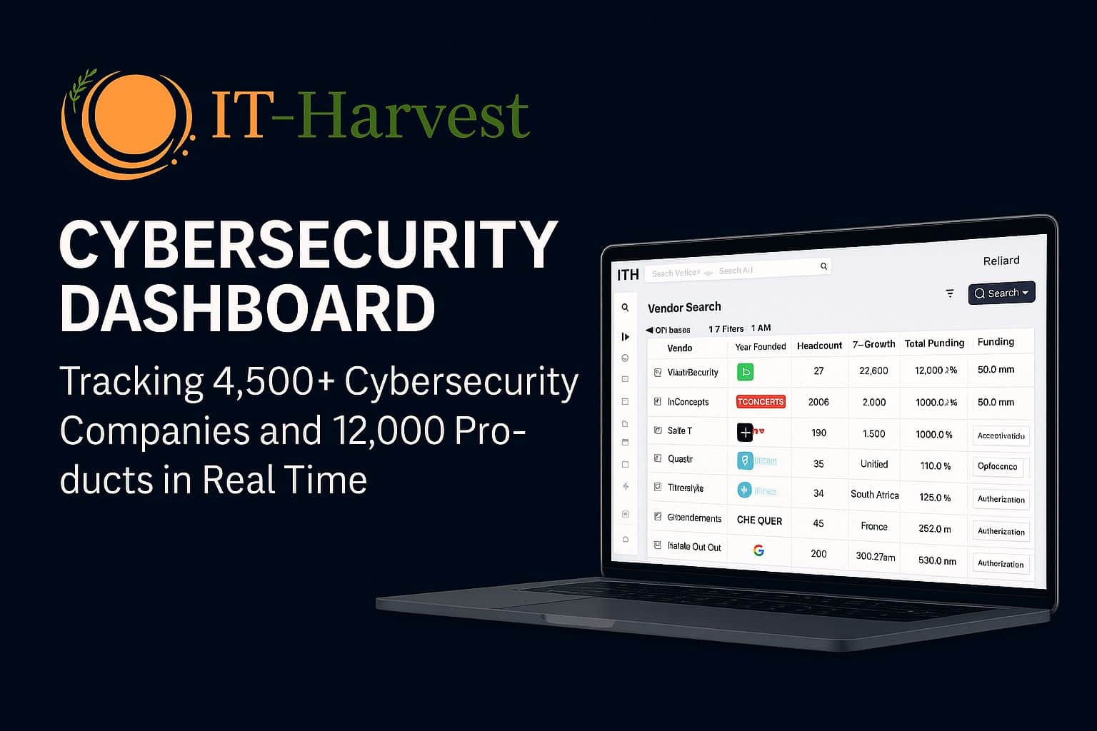 IT Harvest Cybersecurity Dashboard concept image showing the IT Harvest logo and dark navy background, symbolizing real-time vendor research and cybersecurity intelligence