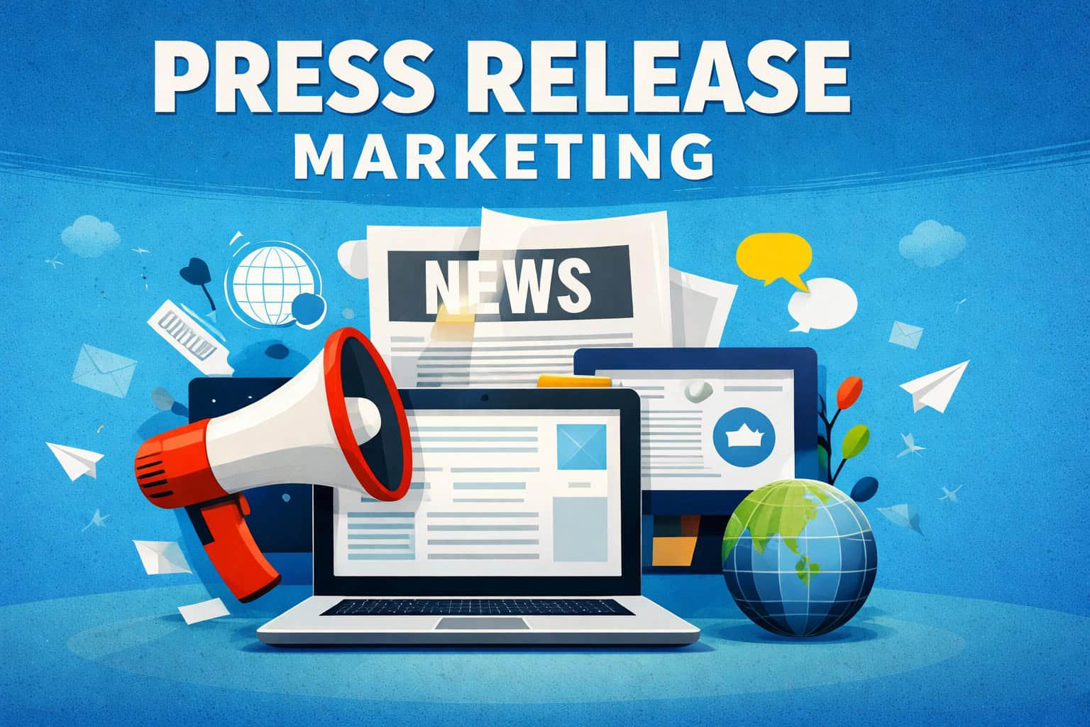 Illustration showing press release marketing through digital media, global distribution, and outbound communications